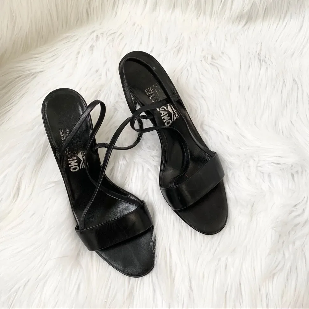 Salvatore Ferragamo black leather slingback striped heels sandal 7.5